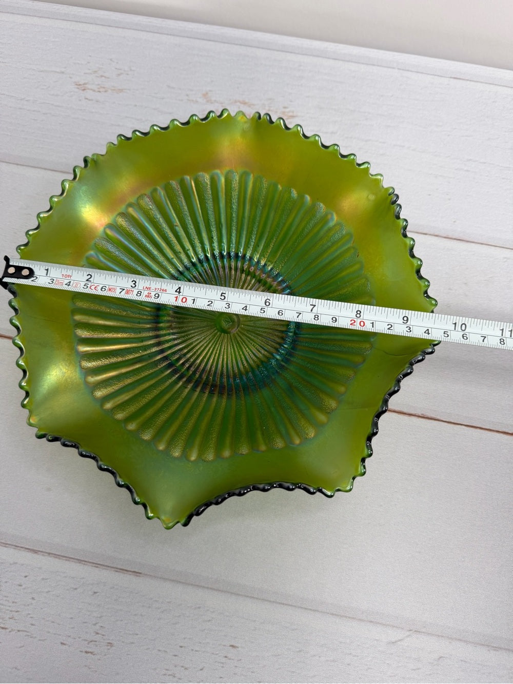 Antique Signed Northwood Green Stippled Rays Carnival Glass Ruffled Bowl Mark N