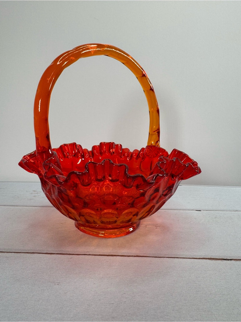 Vintage Fenton Amberina Thumbprint Ruffled Glass Basket