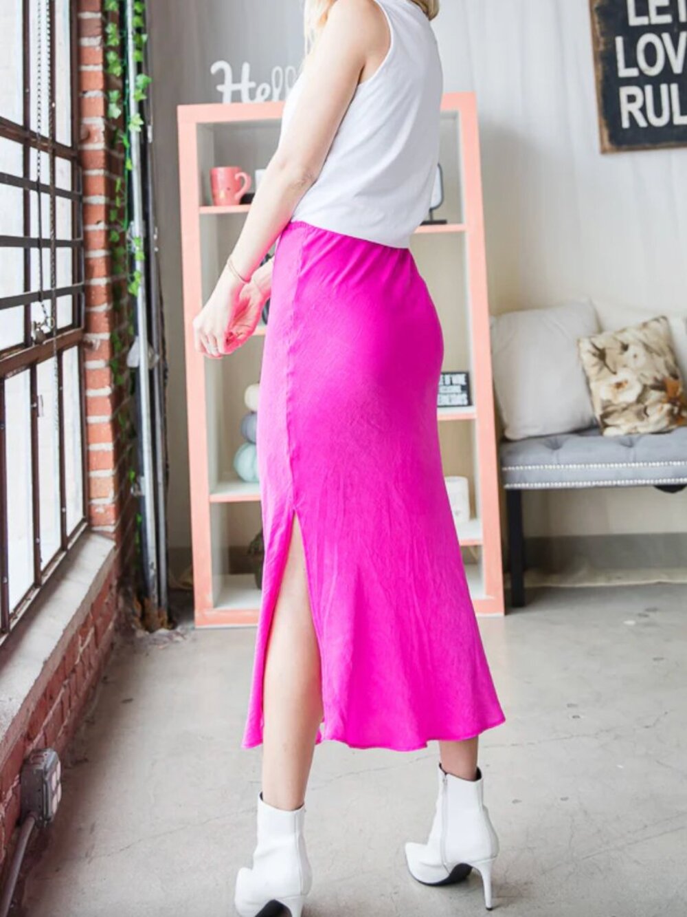 Bucketlist Solid Satin Midi Neon Skirt Size Small