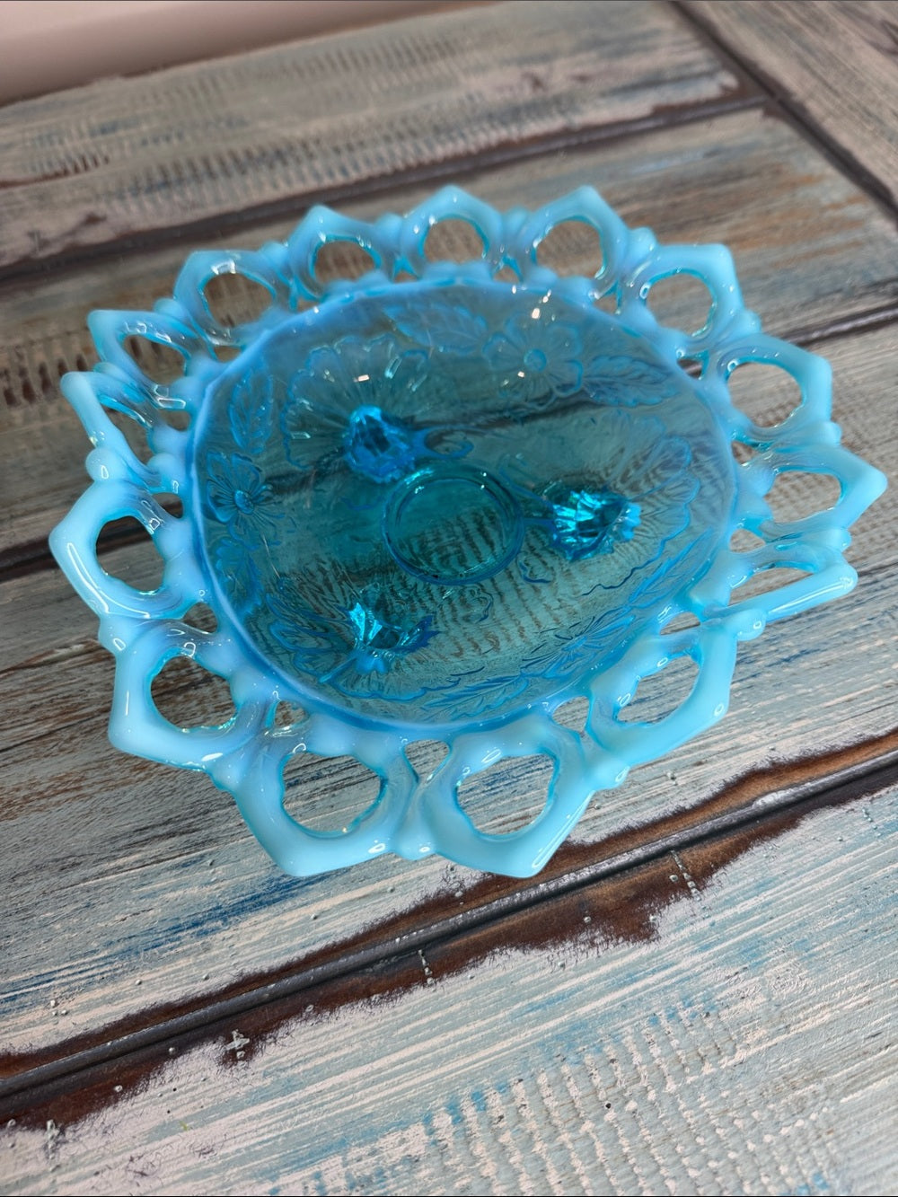 Vintage Northwood Blue Opalescent Glass Shell & Wild Rose Footed Lace Bowl
