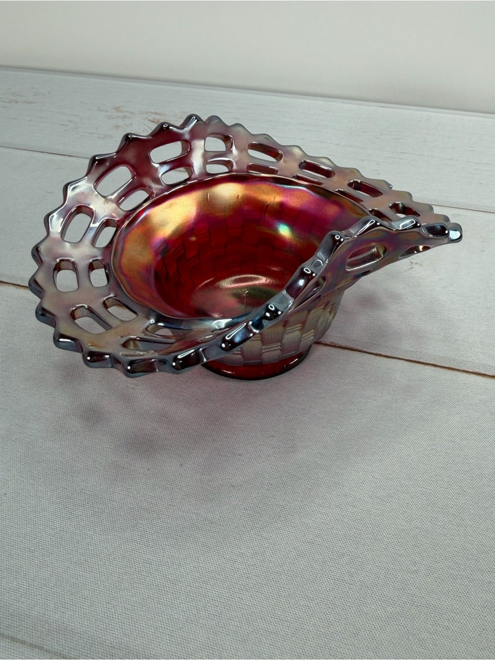 Fenton Ruby Red Iridescent Carnival Glass Openwork Lace Basketweave Ruffled Bowl