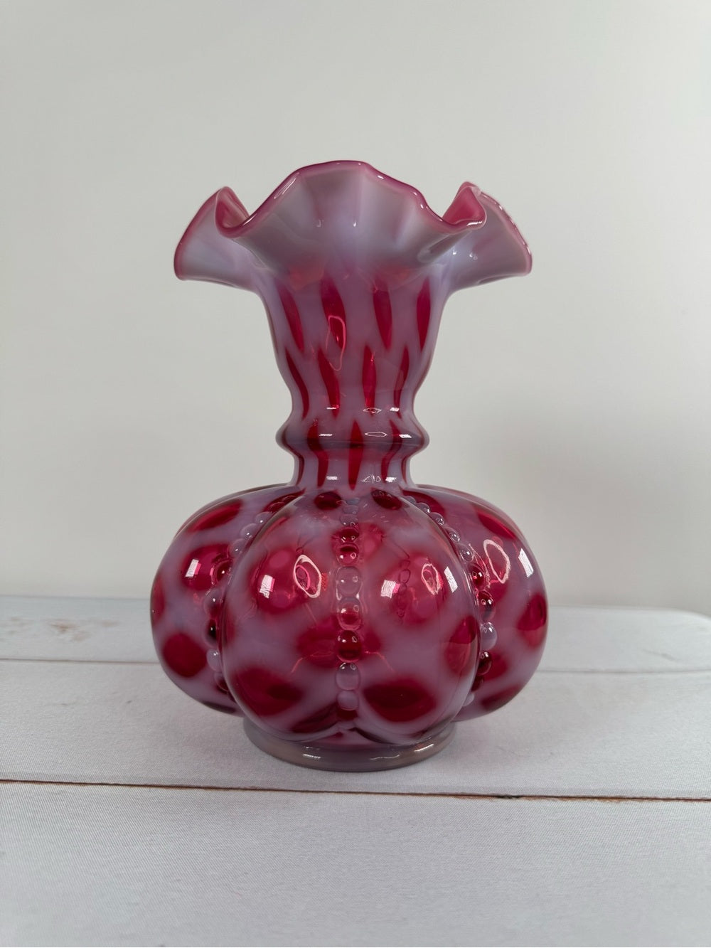 Vintage Fenton Cranberry Opalescent Coin Dot 8" Melon Vase Gift Shop Tag
