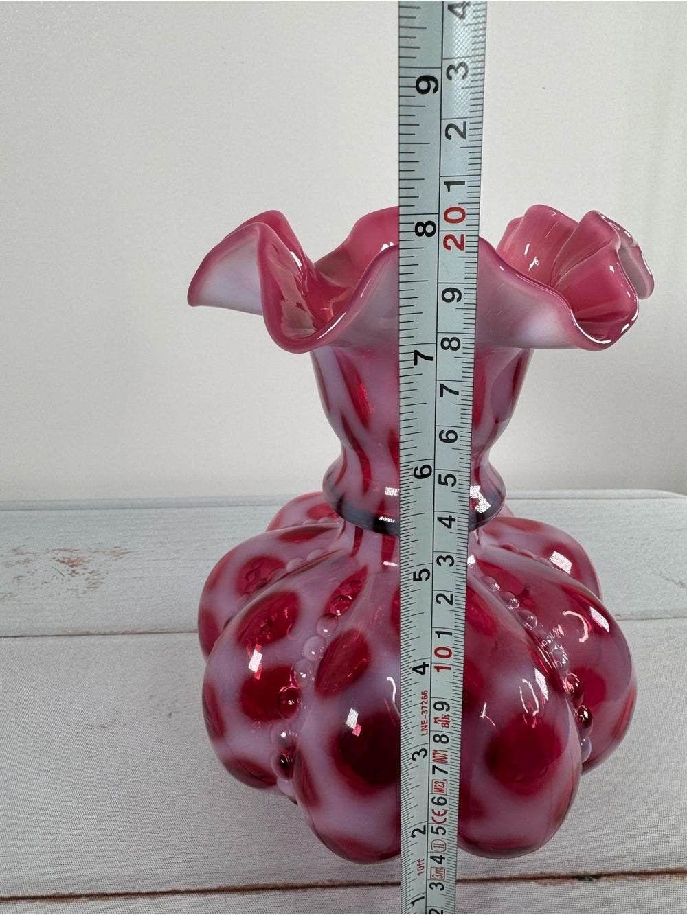 Vintage Fenton Cranberry Opalescent Coin Dot 8" Melon Vase Gift Shop Tag
