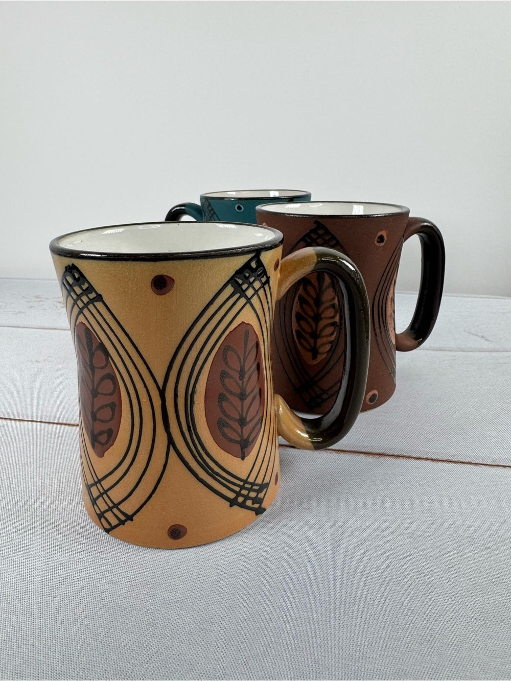 Vintage 70s MCM Boho Blue Tan Brown Stoneware Coffee Mugs Set of 3
