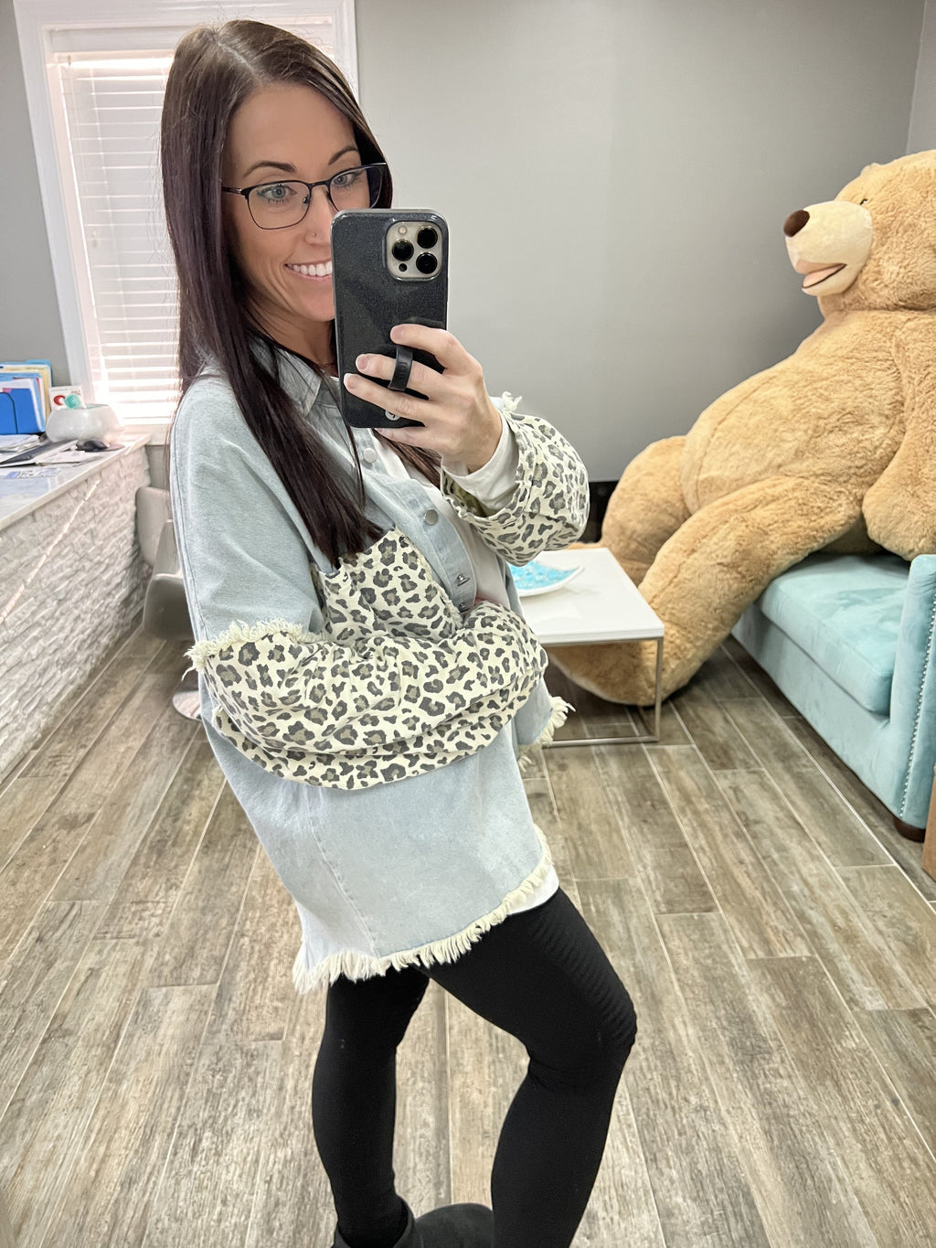 Long Sleeve Contrast Animal Button Down Shirt